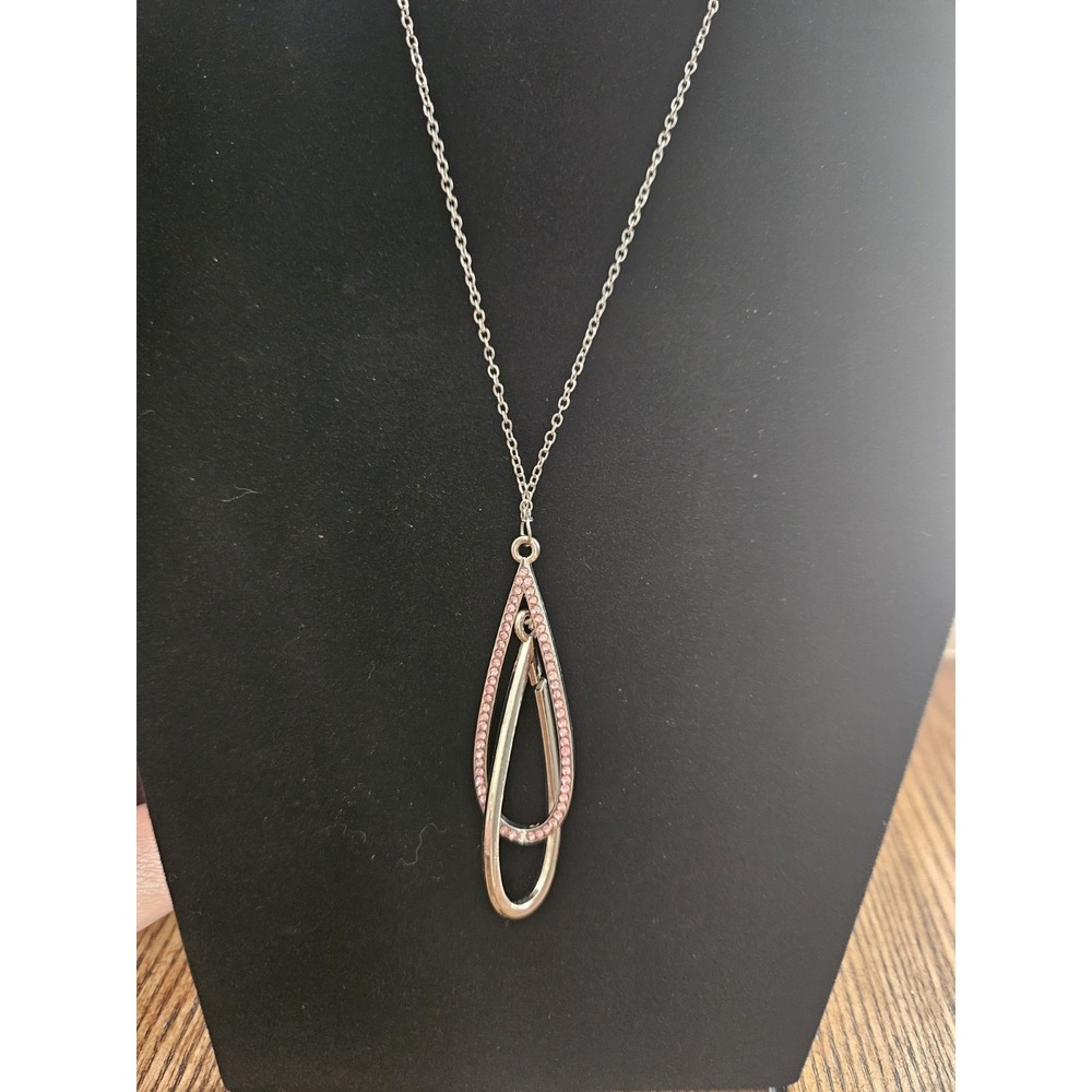 Pink Rhinestone and Silver Interlocking Double Teardrop Long Pendant Necklace 18